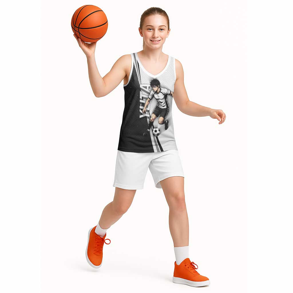 Personalized Okkotsu Yuta Jujutsu Kaisen Soccer Basketball Jersey with Dribbling Action Pose and Monochrome Geometric Graphic Design - The Mazicc
