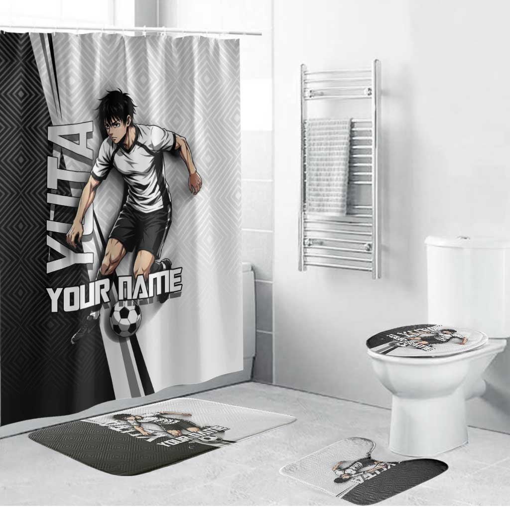 Personalized Okkotsu Yuta Jujutsu Kaisen Soccer Bathroom Set with Dribbling Action Pose and Monochrome Geometric Graphic Design - The Mazicc