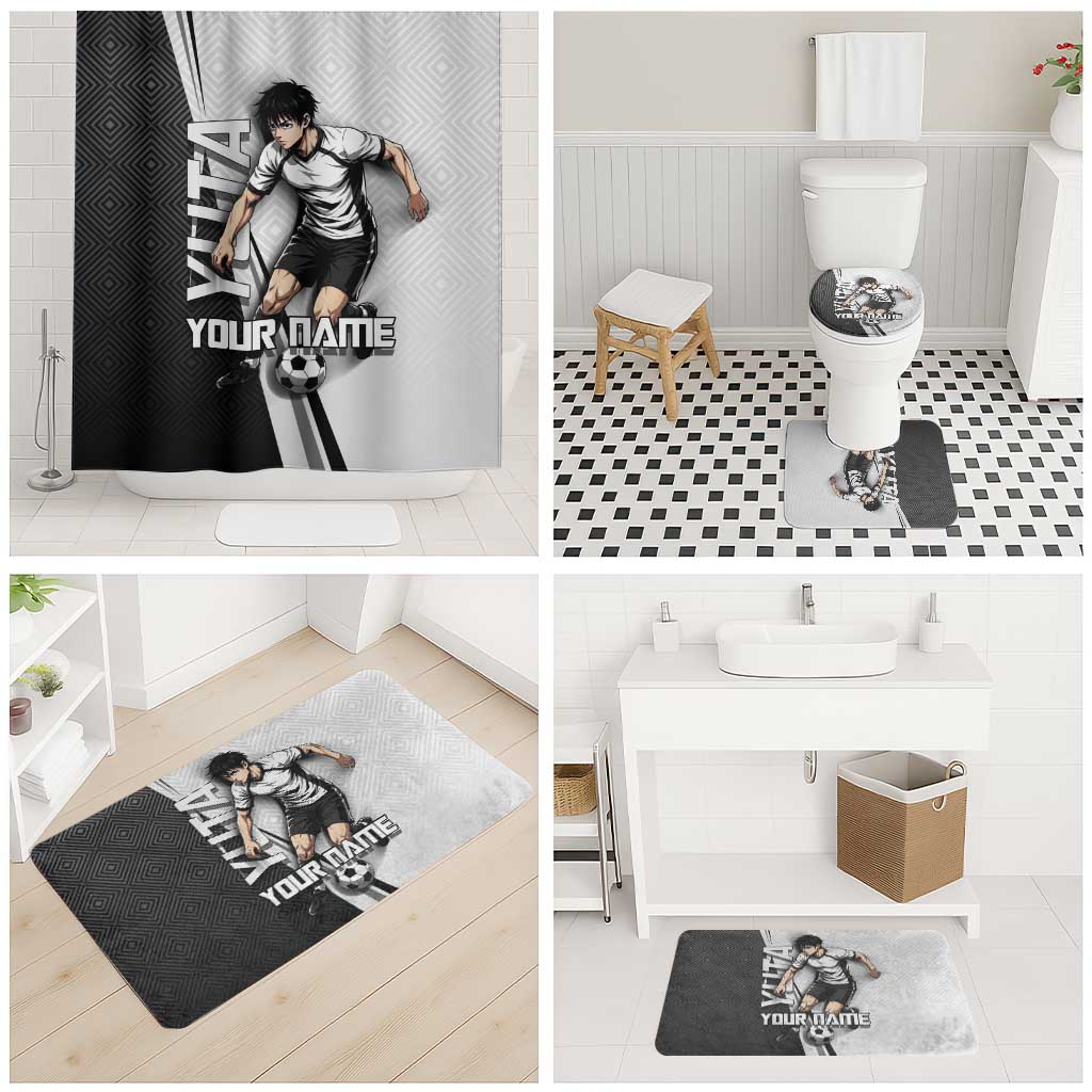 Personalized Okkotsu Yuta Jujutsu Kaisen Soccer Bathroom Set with Dribbling Action Pose and Monochrome Geometric Graphic Design - The Mazicc