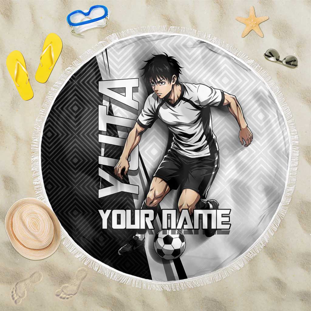 Personalized Okkotsu Yuta Jujutsu Kaisen Soccer Beach Blanket with Dribbling Action Pose and Monochrome Geometric Graphic Design - The Mazicc