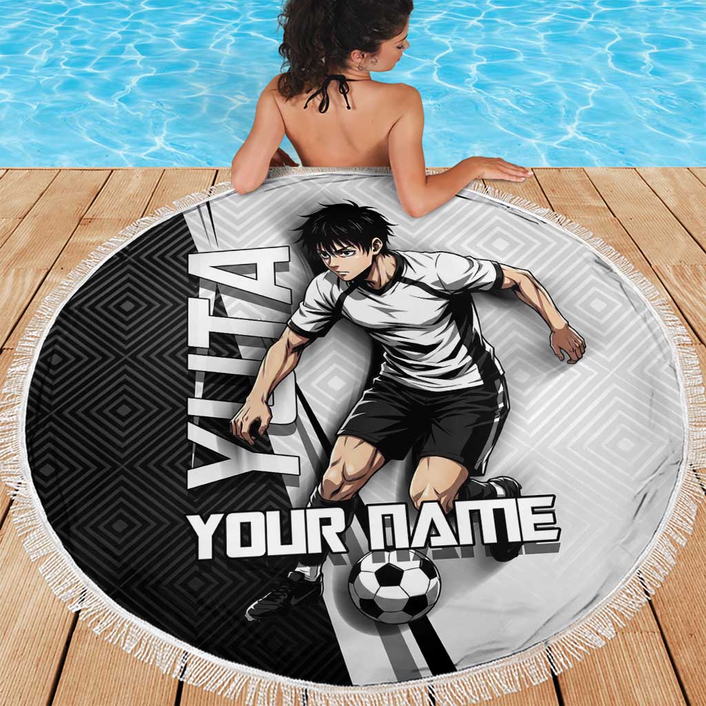 Personalized Okkotsu Yuta Jujutsu Kaisen Soccer Beach Blanket with Dribbling Action Pose and Monochrome Geometric Graphic Design - The Mazicc