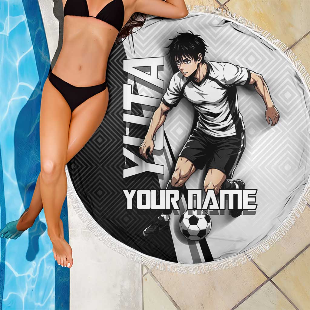 Personalized Okkotsu Yuta Jujutsu Kaisen Soccer Beach Blanket with Dribbling Action Pose and Monochrome Geometric Graphic Design - The Mazicc