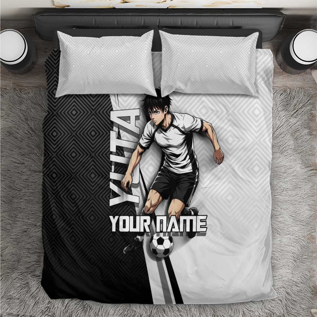 Personalized Okkotsu Yuta Jujutsu Kaisen Soccer Bedding Set with Dribbling Action Pose and Monochrome Geometric Graphic Design - The Mazicc