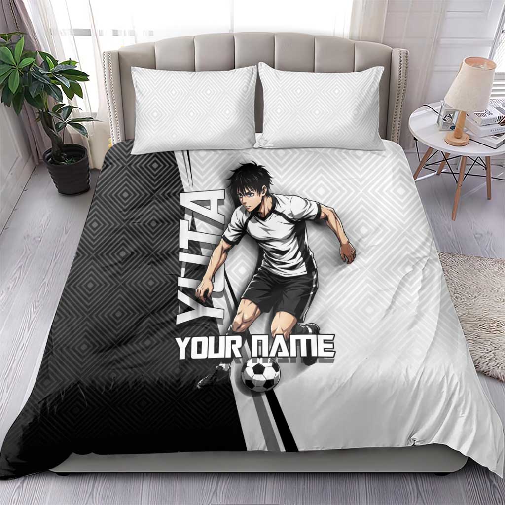 Personalized Okkotsu Yuta Jujutsu Kaisen Soccer Bedding Set with Dribbling Action Pose and Monochrome Geometric Graphic Design - The Mazicc