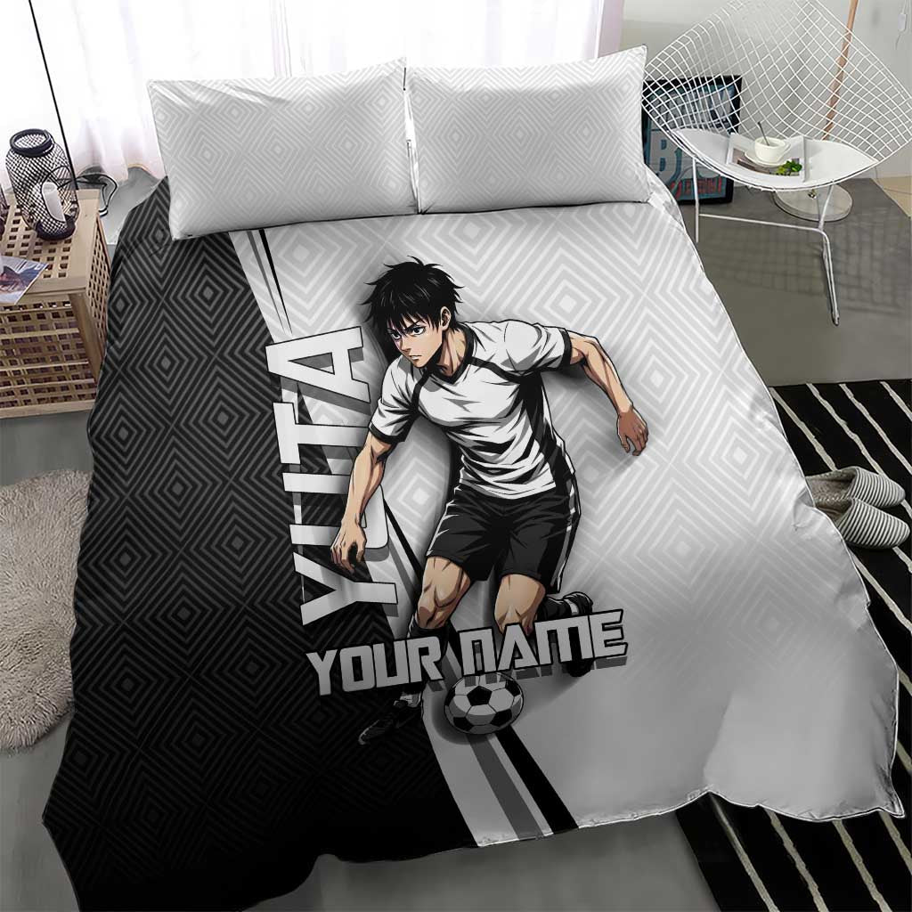 Personalized Okkotsu Yuta Jujutsu Kaisen Soccer Bedding Set with Dribbling Action Pose and Monochrome Geometric Graphic Design - The Mazicc