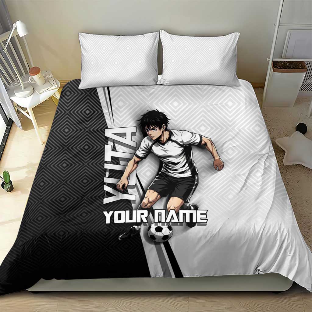 Personalized Okkotsu Yuta Jujutsu Kaisen Soccer Bedding Set with Dribbling Action Pose and Monochrome Geometric Graphic Design - The Mazicc