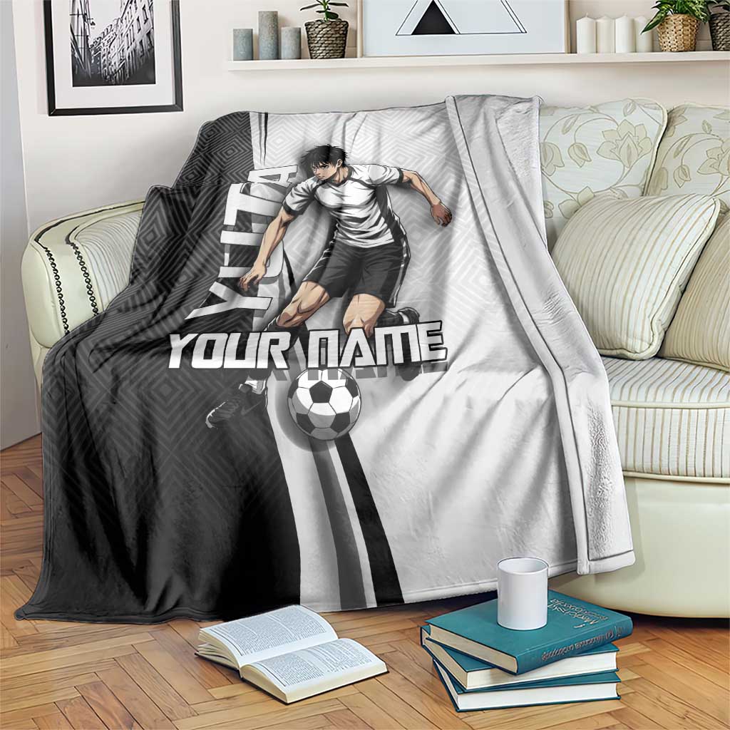 Personalized Okkotsu Yuta Jujutsu Kaisen Soccer Blanket with Dribbling Action Pose and Monochrome Geometric Graphic Design - The Mazicc