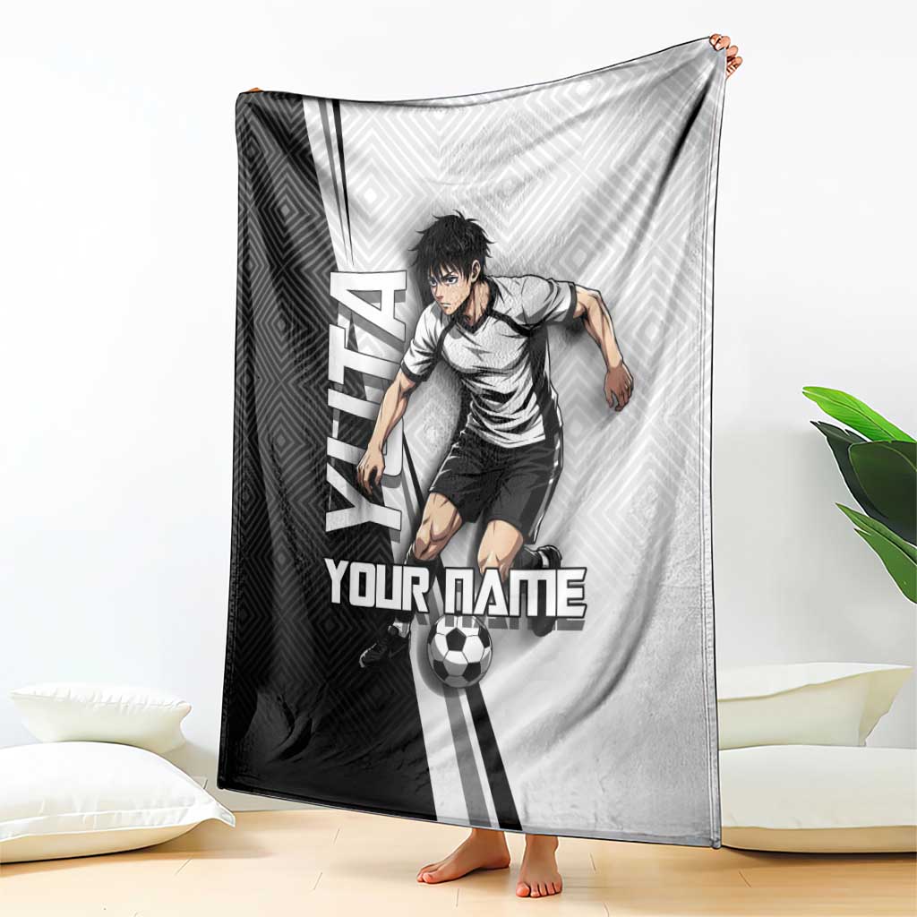Personalized Okkotsu Yuta Jujutsu Kaisen Soccer Blanket with Dribbling Action Pose and Monochrome Geometric Graphic Design - The Mazicc