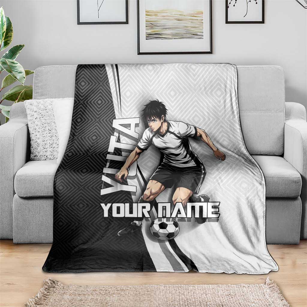 Personalized Okkotsu Yuta Jujutsu Kaisen Soccer Blanket with Dribbling Action Pose and Monochrome Geometric Graphic Design - The Mazicc