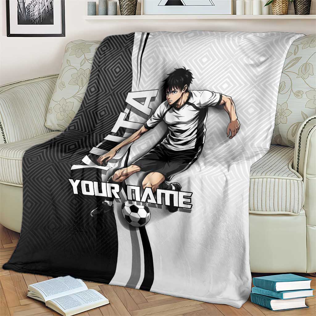 Personalized Okkotsu Yuta Jujutsu Kaisen Soccer Blanket with Dribbling Action Pose and Monochrome Geometric Graphic Design - The Mazicc