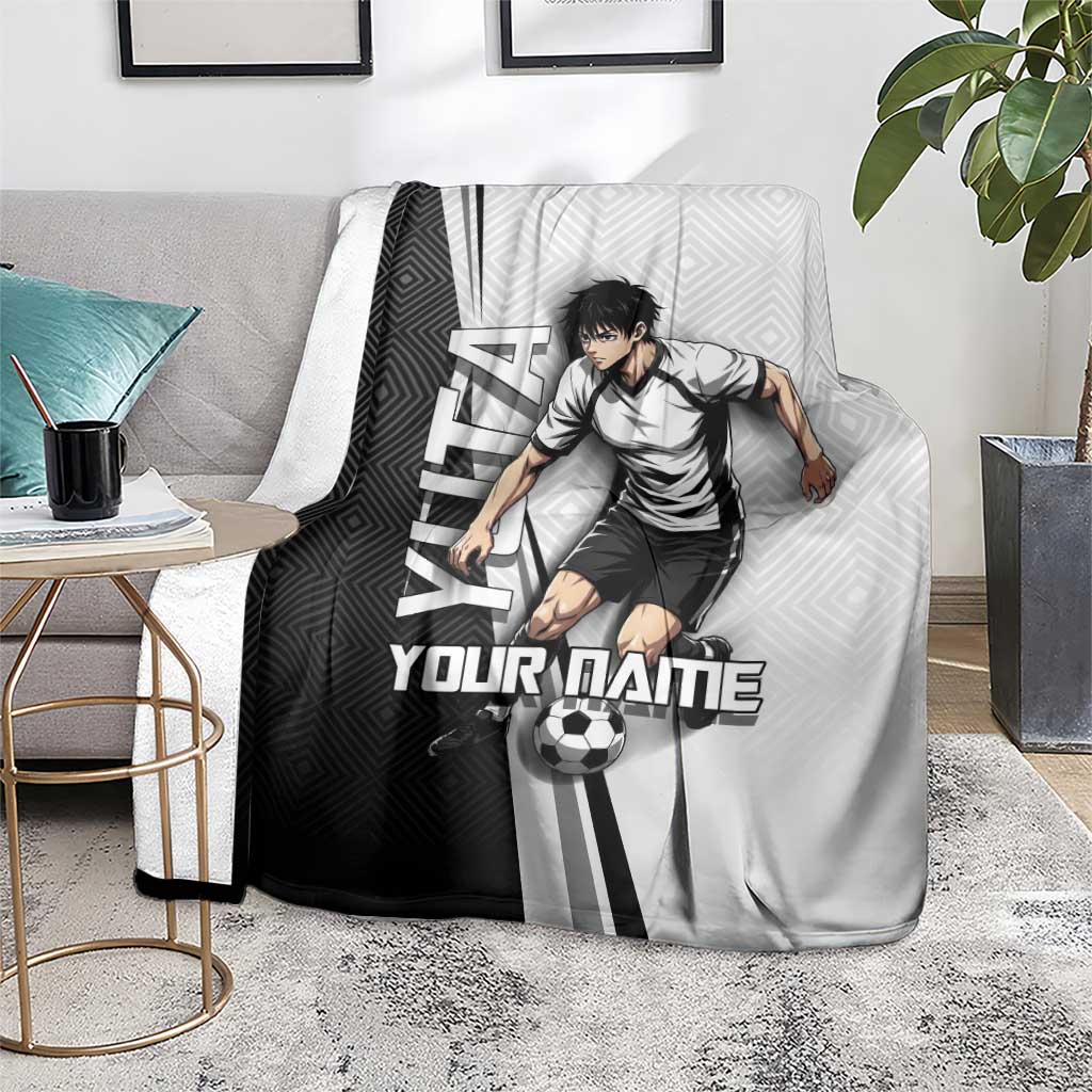 Personalized Okkotsu Yuta Jujutsu Kaisen Soccer Blanket with Dribbling Action Pose and Monochrome Geometric Graphic Design - The Mazicc