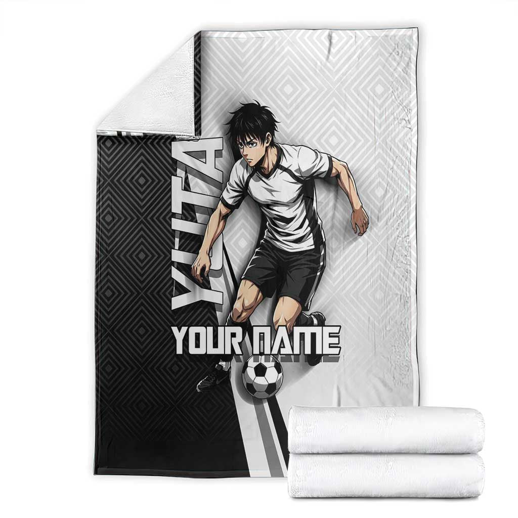 Personalized Okkotsu Yuta Jujutsu Kaisen Soccer Blanket with Dribbling Action Pose and Monochrome Geometric Graphic Design - The Mazicc