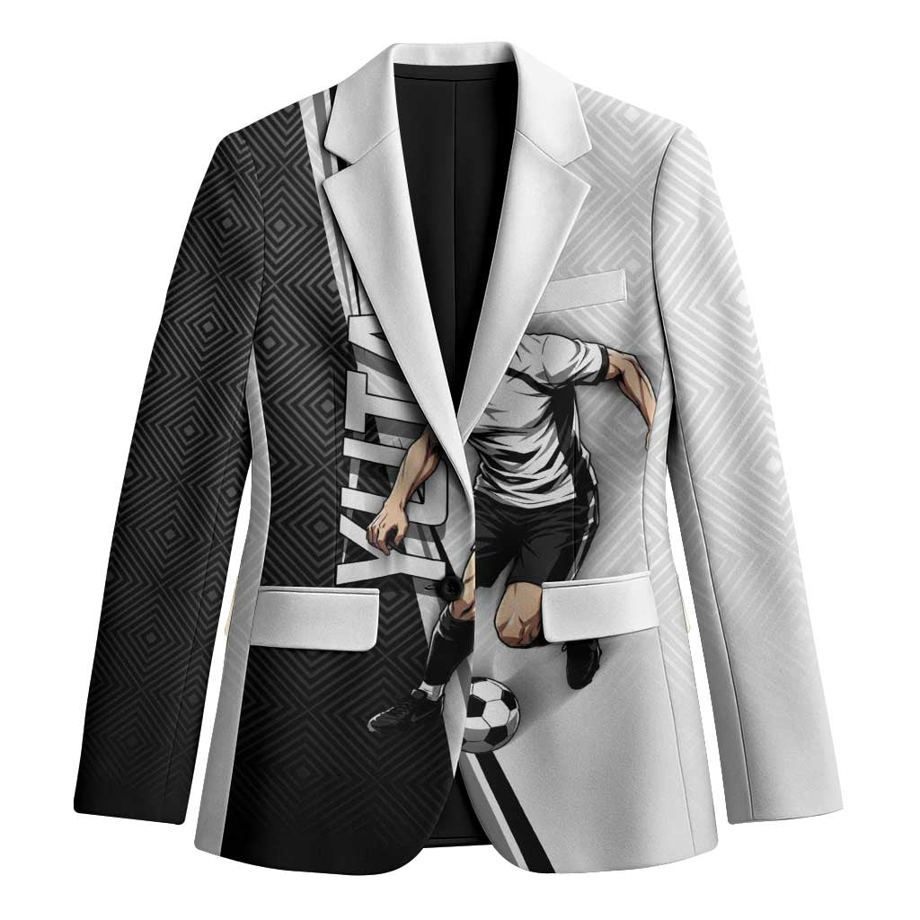 Personalized Okkotsu Yuta Jujutsu Kaisen Soccer Blazer with Dribbling Action Pose and Monochrome Geometric Graphic Design - The Mazicc
