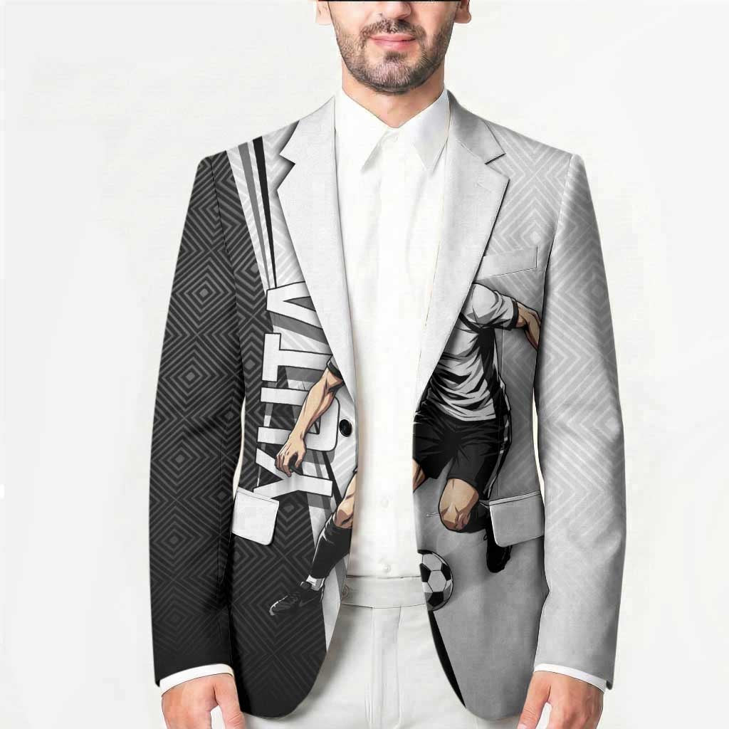 Personalized Okkotsu Yuta Jujutsu Kaisen Soccer Blazer with Dribbling Action Pose and Monochrome Geometric Graphic Design - The Mazicc