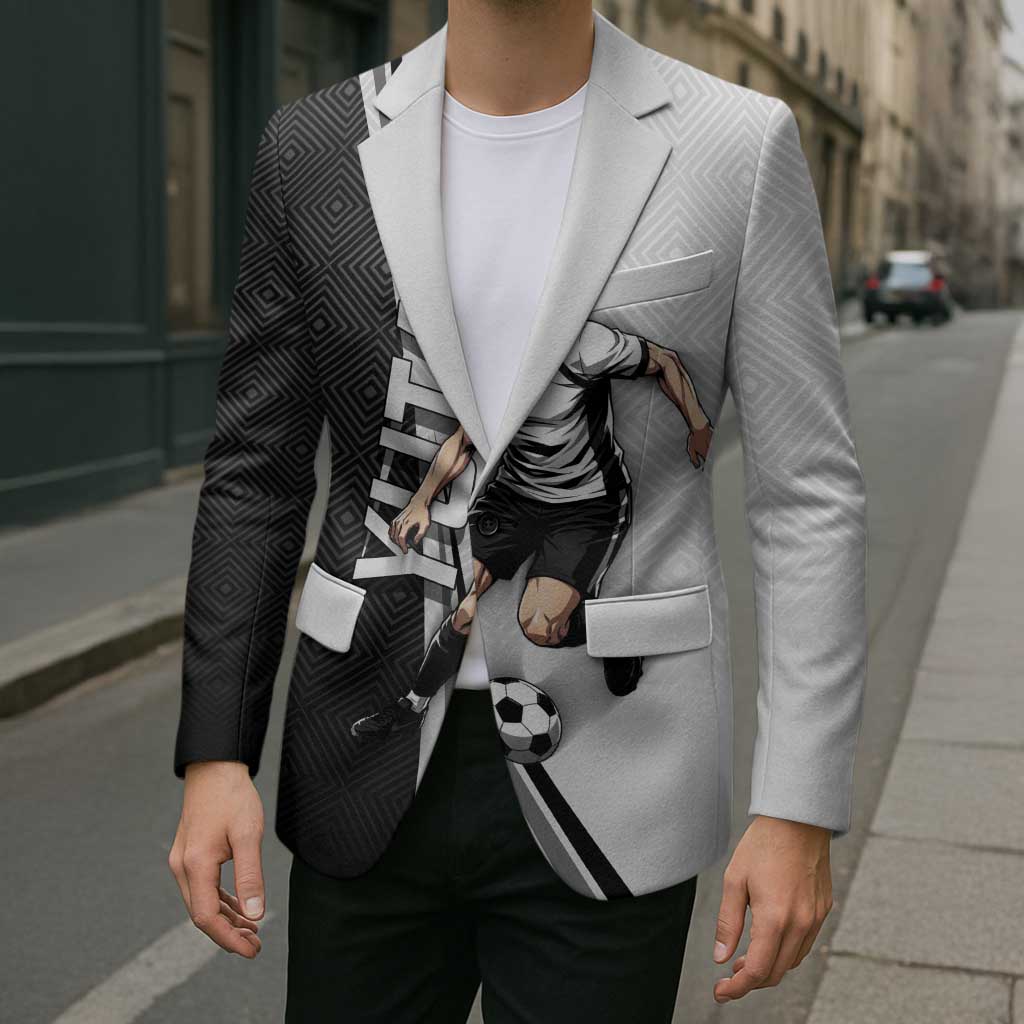 Personalized Okkotsu Yuta Jujutsu Kaisen Soccer Blazer with Dribbling Action Pose and Monochrome Geometric Graphic Design - The Mazicc