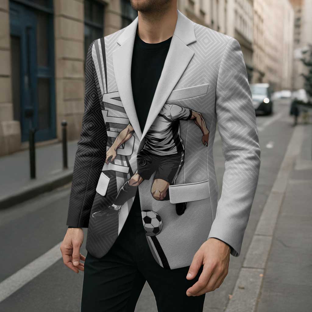 Personalized Okkotsu Yuta Jujutsu Kaisen Soccer Blazer with Dribbling Action Pose and Monochrome Geometric Graphic Design - The Mazicc