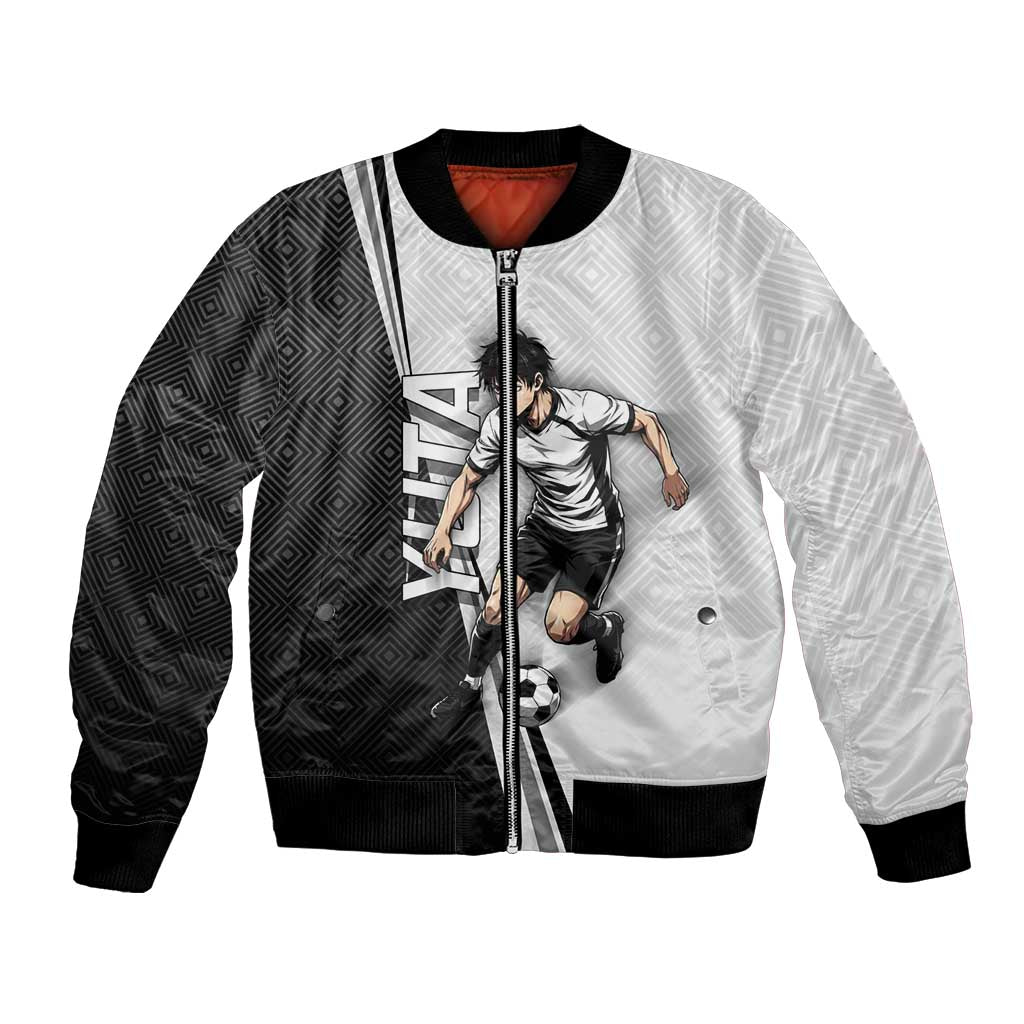 Personalized Okkotsu Yuta Jujutsu Kaisen Soccer Bomber Jacket with Dribbling Action Pose and Monochrome Geometric Graphic Design - The Mazicc