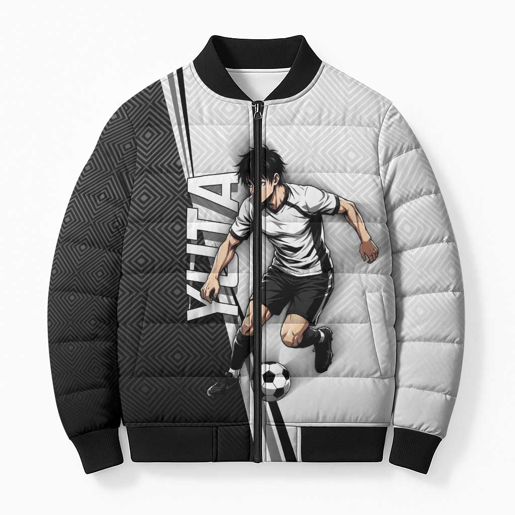 Personalized Okkotsu Yuta Jujutsu Kaisen Soccer Bomber Puffer Jacket with Dribbling Action Pose and Monochrome Geometric Graphic Design - The Mazicc