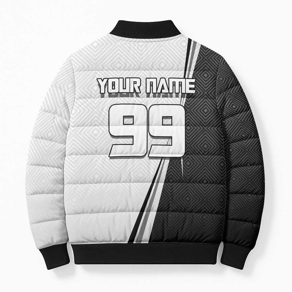 Personalized Okkotsu Yuta Jujutsu Kaisen Soccer Bomber Puffer Jacket with Dribbling Action Pose and Monochrome Geometric Graphic Design - The Mazicc