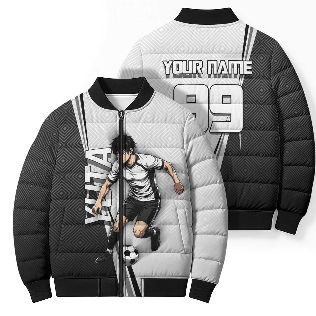 Personalized Okkotsu Yuta Jujutsu Kaisen Soccer Bomber Puffer Jacket with Dribbling Action Pose and Monochrome Geometric Graphic Design - The Mazicc