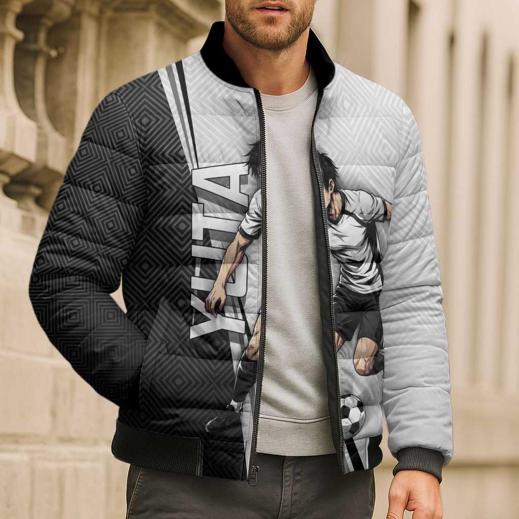 Personalized Okkotsu Yuta Jujutsu Kaisen Soccer Bomber Puffer Jacket with Dribbling Action Pose and Monochrome Geometric Graphic Design - The Mazicc