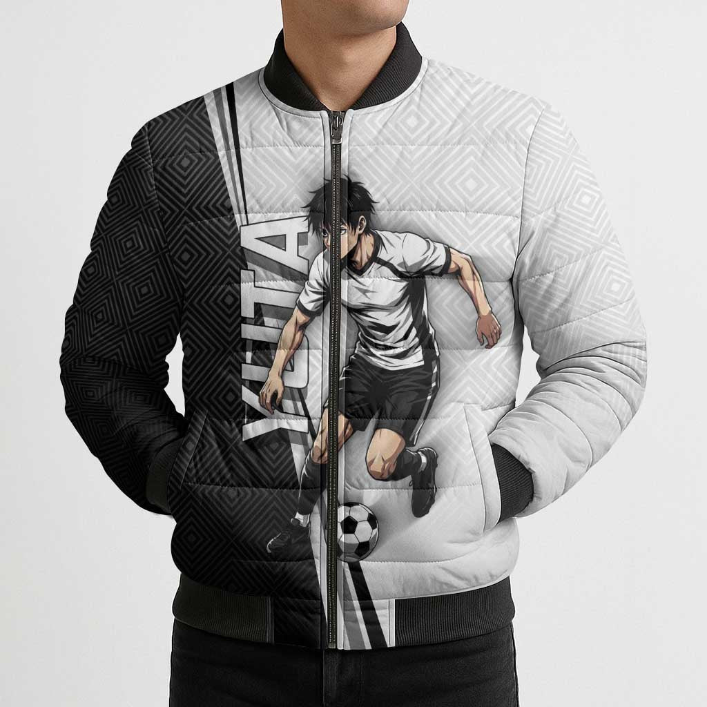 Personalized Okkotsu Yuta Jujutsu Kaisen Soccer Bomber Puffer Jacket with Dribbling Action Pose and Monochrome Geometric Graphic Design - The Mazicc