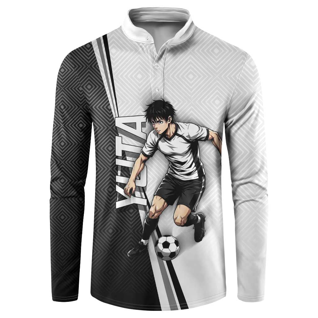 Personalized Okkotsu Yuta Jujutsu Kaisen Soccer Button Sweatshirt with Dribbling Action Pose and Monochrome Geometric Graphic Design - The Mazicc