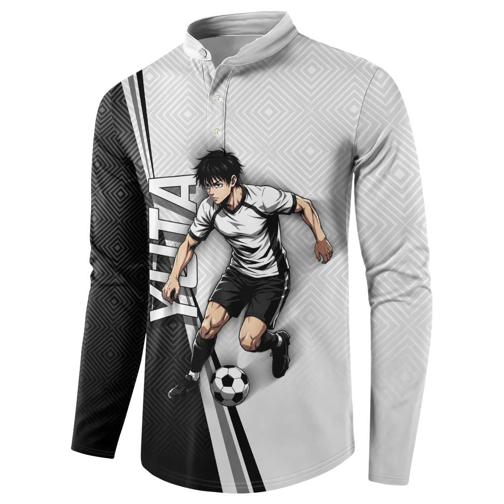 Personalized Okkotsu Yuta Jujutsu Kaisen Soccer Button Sweatshirt with Dribbling Action Pose and Monochrome Geometric Graphic Design - The Mazicc