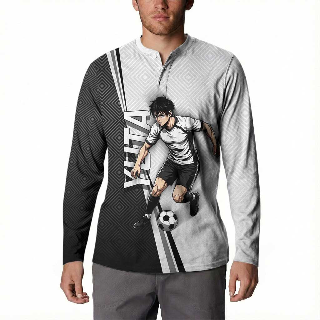 Personalized Okkotsu Yuta Jujutsu Kaisen Soccer Button Sweatshirt with Dribbling Action Pose and Monochrome Geometric Graphic Design - The Mazicc