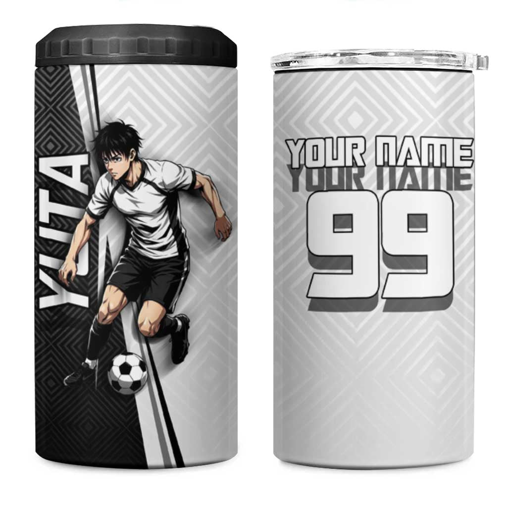 Personalized Okkotsu Yuta Jujutsu Kaisen Soccer 4 in 1 Can Cooler Tumbler with Dribbling Action Pose and Monochrome Geometric Graphic Design - The Mazicc
