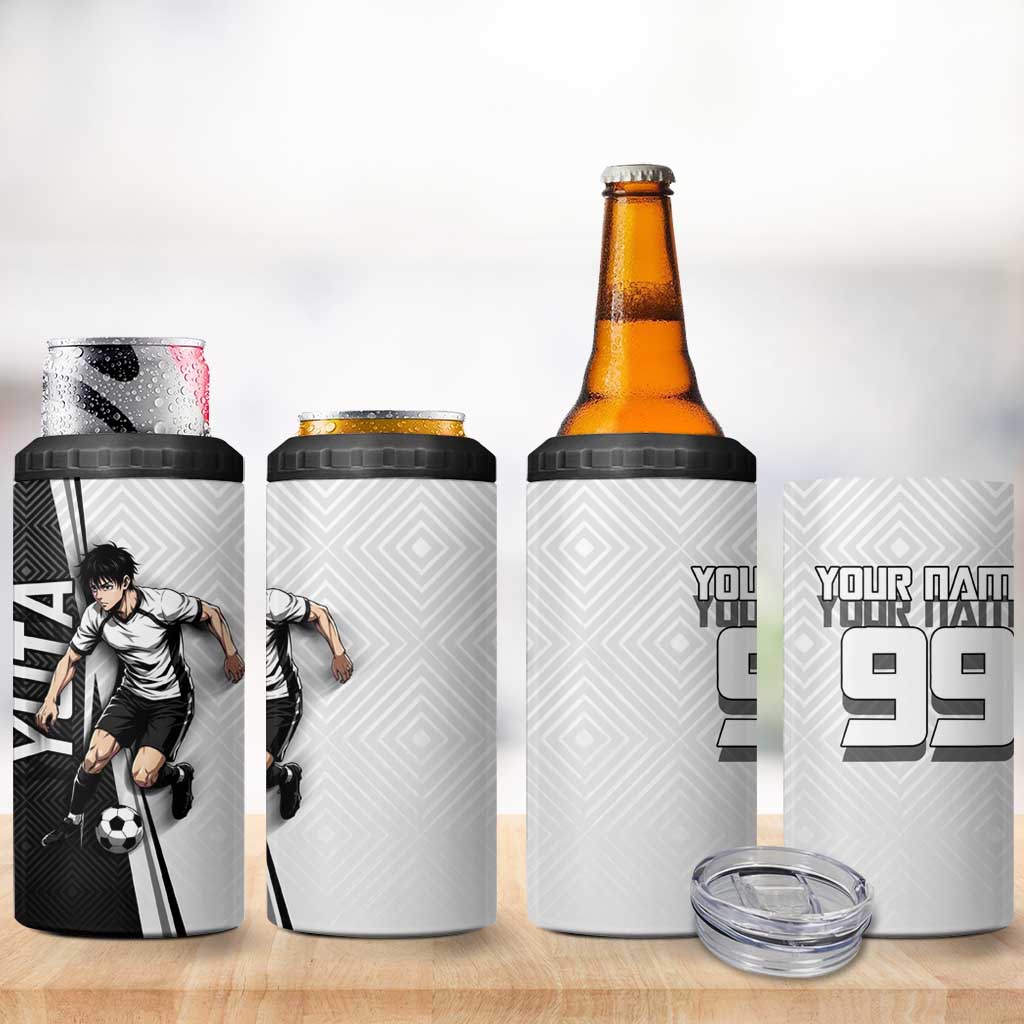 Personalized Okkotsu Yuta Jujutsu Kaisen Soccer 4 in 1 Can Cooler Tumbler with Dribbling Action Pose and Monochrome Geometric Graphic Design - The Mazicc