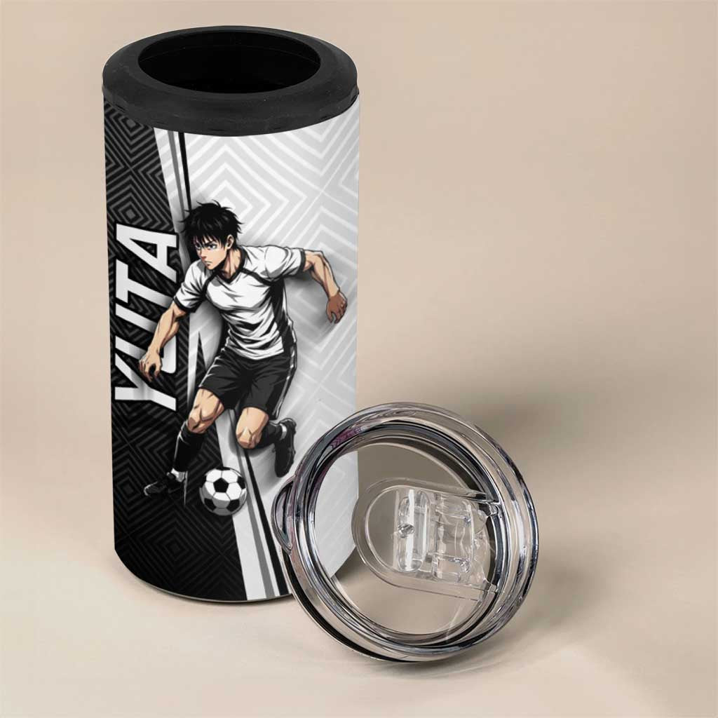 Personalized Okkotsu Yuta Jujutsu Kaisen Soccer 4 in 1 Can Cooler Tumbler with Dribbling Action Pose and Monochrome Geometric Graphic Design - The Mazicc
