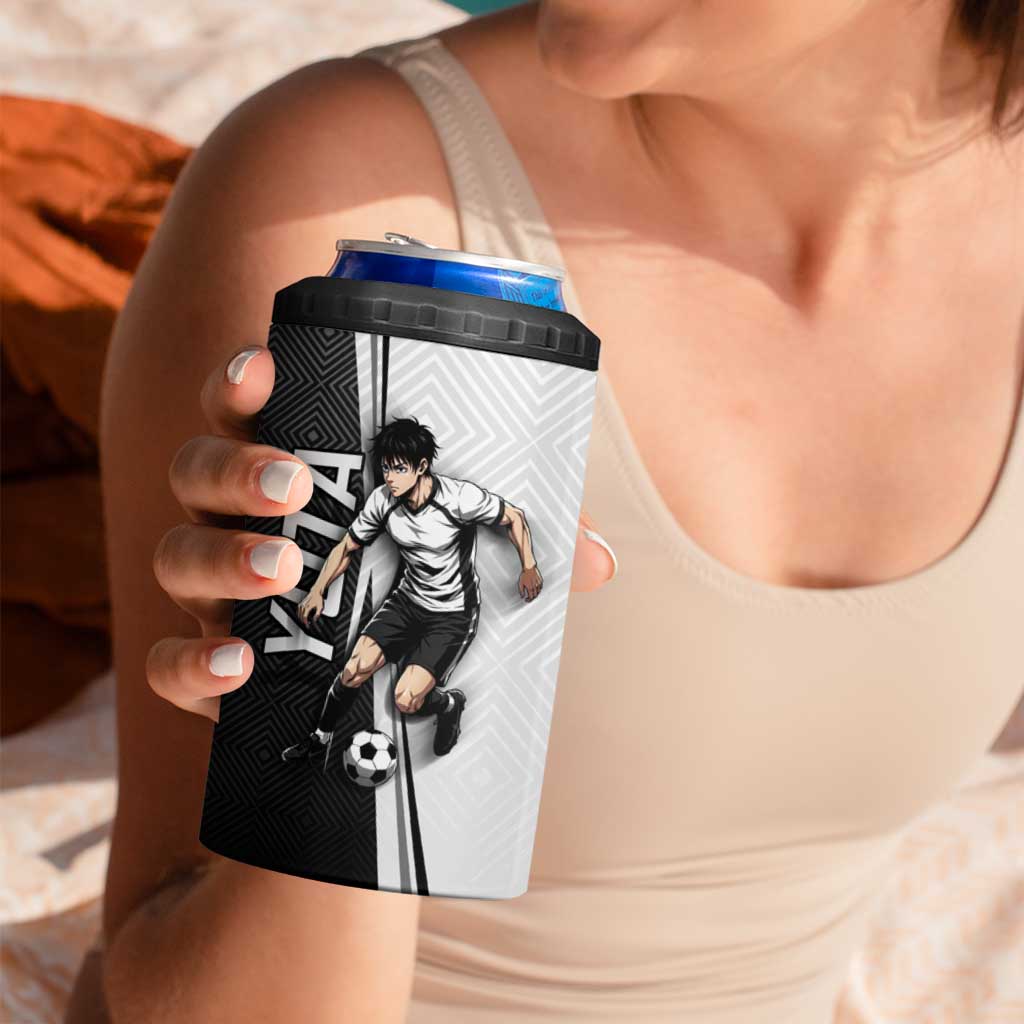 Personalized Okkotsu Yuta Jujutsu Kaisen Soccer 4 in 1 Can Cooler Tumbler with Dribbling Action Pose and Monochrome Geometric Graphic Design - The Mazicc