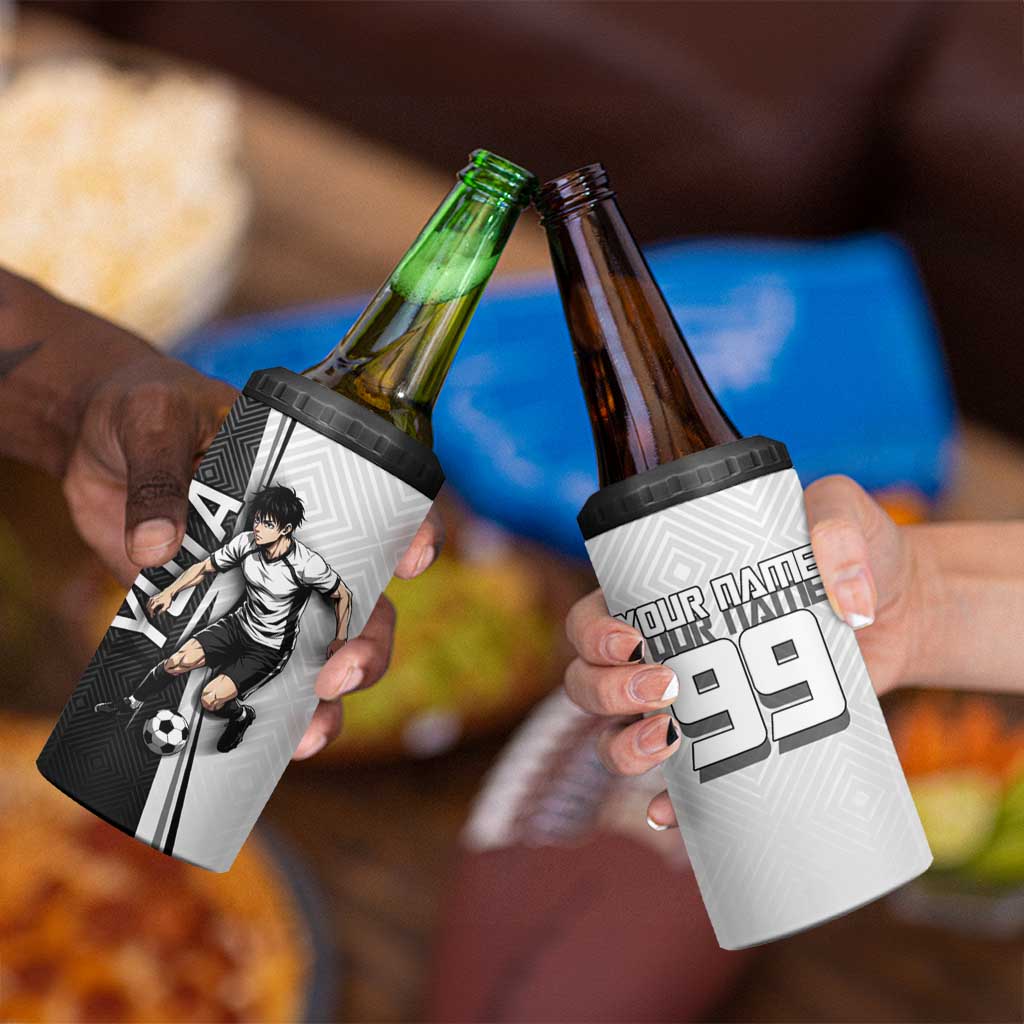 Personalized Okkotsu Yuta Jujutsu Kaisen Soccer 4 in 1 Can Cooler Tumbler with Dribbling Action Pose and Monochrome Geometric Graphic Design - The Mazicc