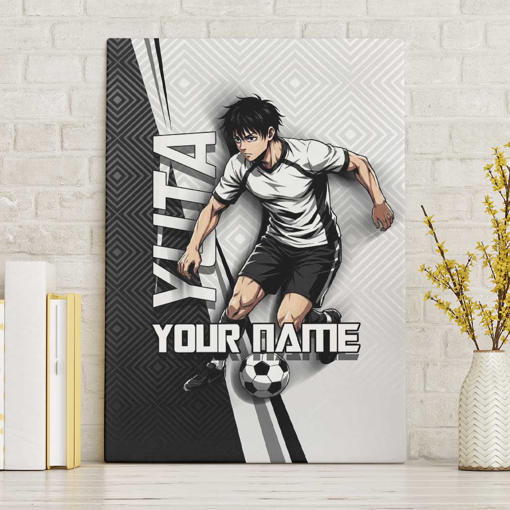 Personalized Okkotsu Yuta Jujutsu Kaisen Soccer Canvas Wall Art with Dribbling Action Pose and Monochrome Geometric Graphic Design - The Mazicc