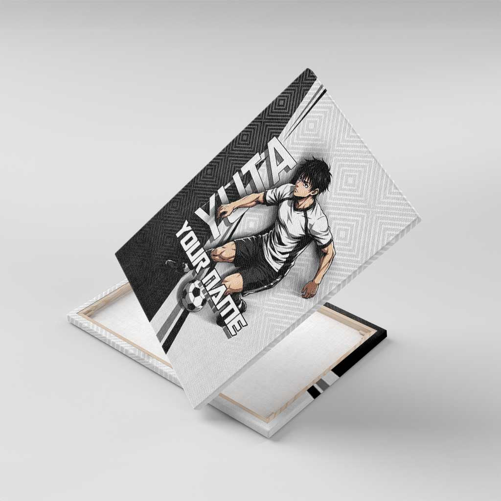 Personalized Okkotsu Yuta Jujutsu Kaisen Soccer Canvas Wall Art with Dribbling Action Pose and Monochrome Geometric Graphic Design - The Mazicc