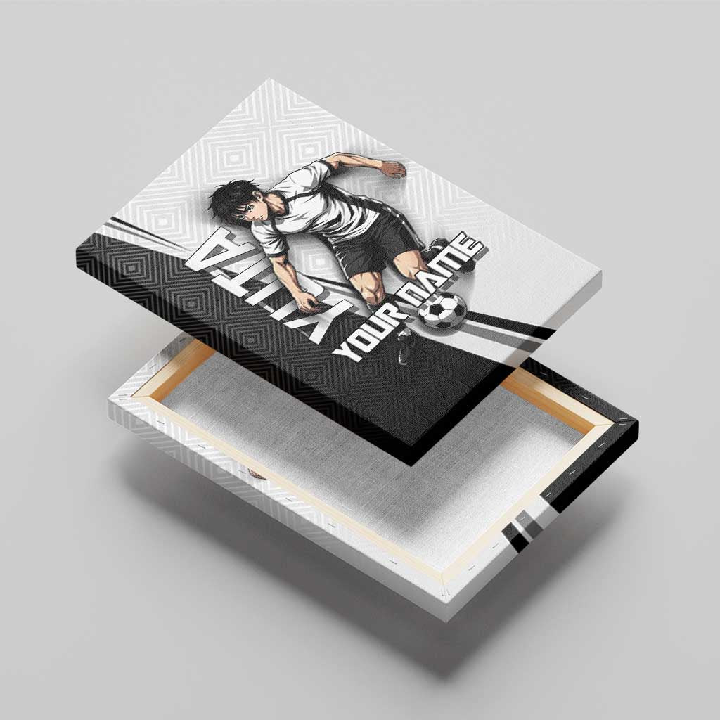 Personalized Okkotsu Yuta Jujutsu Kaisen Soccer Canvas Wall Art with Dribbling Action Pose and Monochrome Geometric Graphic Design - The Mazicc