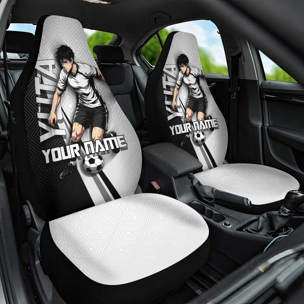 Personalized Okkotsu Yuta Jujutsu Kaisen Soccer Car Seat Cover with Dribbling Action Pose and Monochrome Geometric Graphic Design - The Mazicc