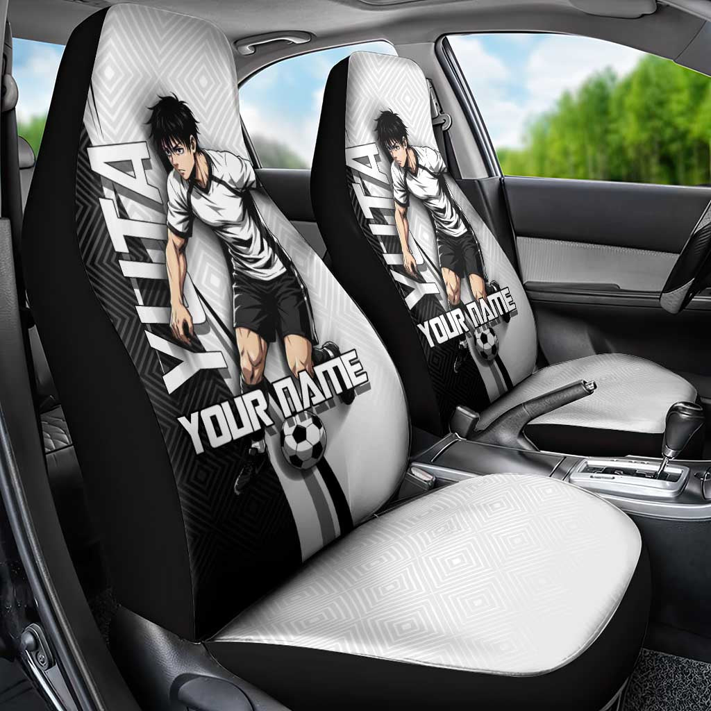 Personalized Okkotsu Yuta Jujutsu Kaisen Soccer Car Seat Cover with Dribbling Action Pose and Monochrome Geometric Graphic Design - The Mazicc