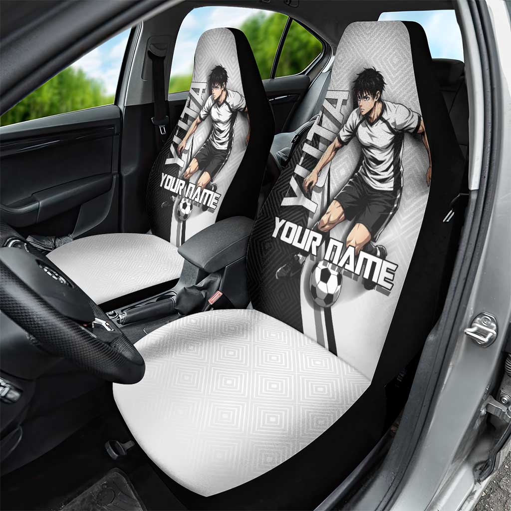 Personalized Okkotsu Yuta Jujutsu Kaisen Soccer Car Seat Cover with Dribbling Action Pose and Monochrome Geometric Graphic Design - The Mazicc