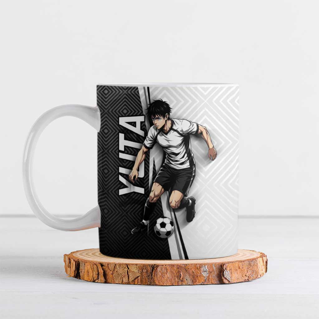 Personalized Okkotsu Yuta Jujutsu Kaisen Soccer Ceramic Mug with Dribbling Action Pose and Monochrome Geometric Graphic Design - The Mazicc