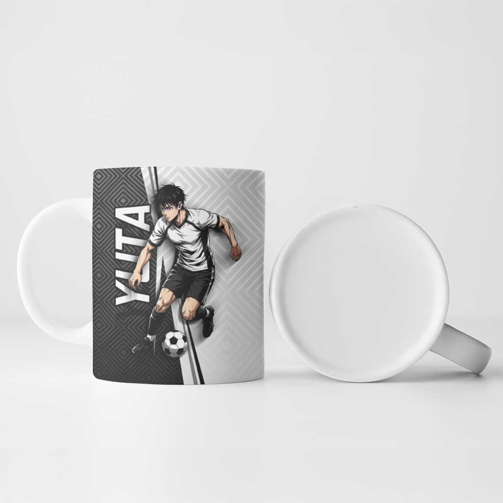 Personalized Okkotsu Yuta Jujutsu Kaisen Soccer Ceramic Mug with Dribbling Action Pose and Monochrome Geometric Graphic Design - The Mazicc