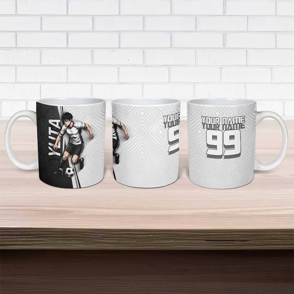 Personalized Okkotsu Yuta Jujutsu Kaisen Soccer Ceramic Mug with Dribbling Action Pose and Monochrome Geometric Graphic Design - The Mazicc