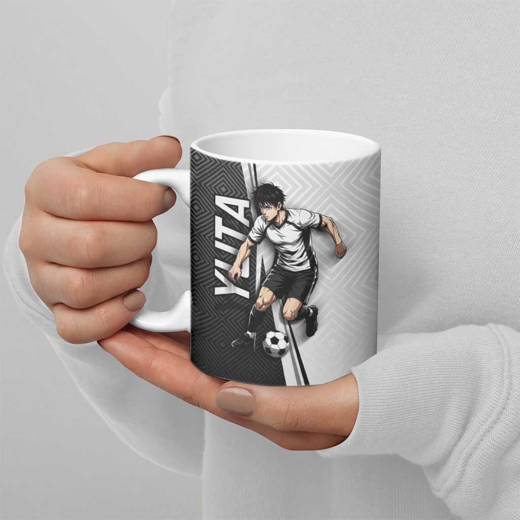 Personalized Okkotsu Yuta Jujutsu Kaisen Soccer Ceramic Mug with Dribbling Action Pose and Monochrome Geometric Graphic Design - The Mazicc