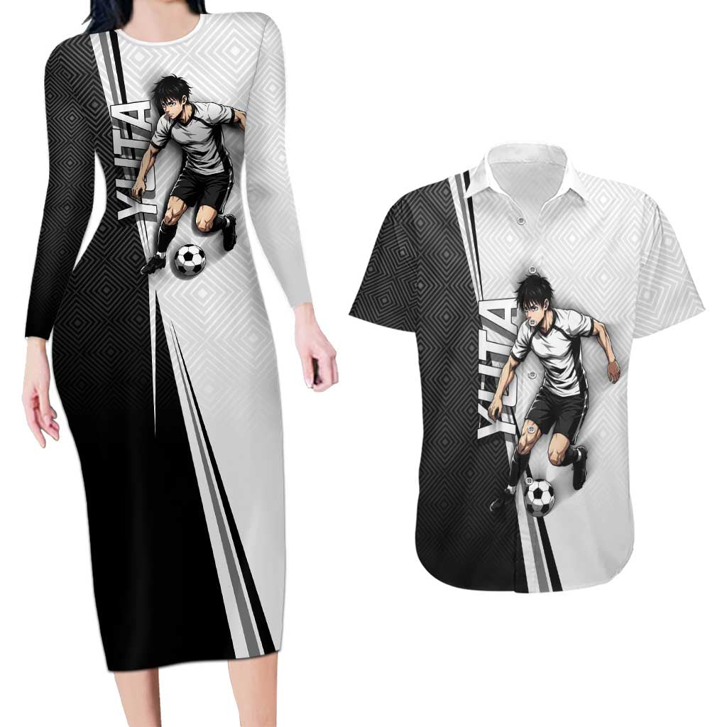 Personalized Okkotsu Yuta Jujutsu Kaisen Soccer Couples Matching Long Sleeve Bodycon Dress and Hawaiian Shirt with Dribbling Action Pose and Monochrome Geometric Graphic Design - The Mazicc