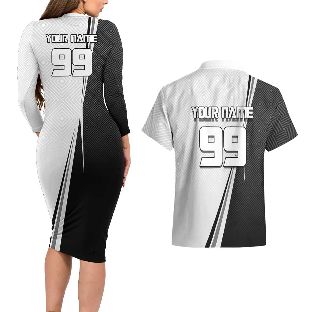 Personalized Okkotsu Yuta Jujutsu Kaisen Soccer Couples Matching Long Sleeve Bodycon Dress and Hawaiian Shirt with Dribbling Action Pose and Monochrome Geometric Graphic Design - The Mazicc