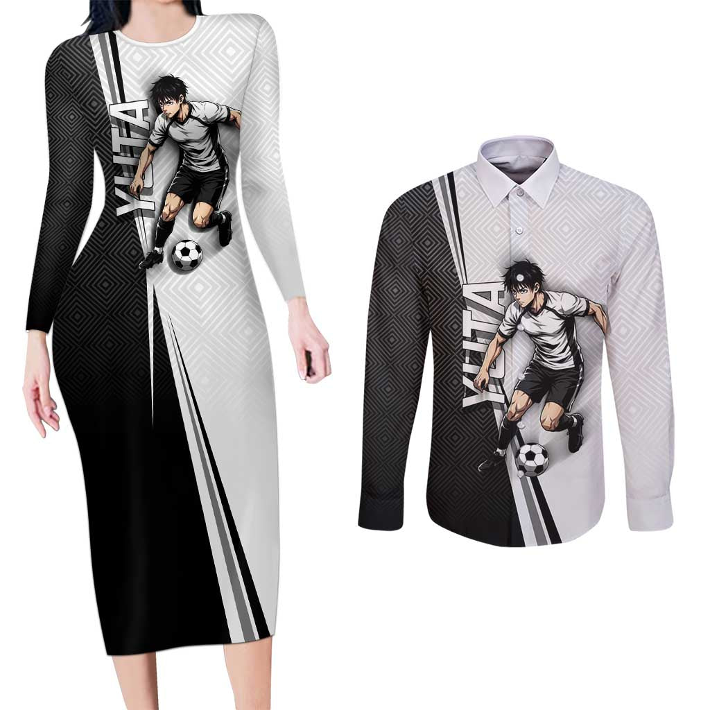 Personalized Okkotsu Yuta Jujutsu Kaisen Soccer Couples Matching Long Sleeve Bodycon Dress and Long Sleeve Button Shirt with Dribbling Action Pose and Monochrome Geometric Graphic Design - The Mazicc