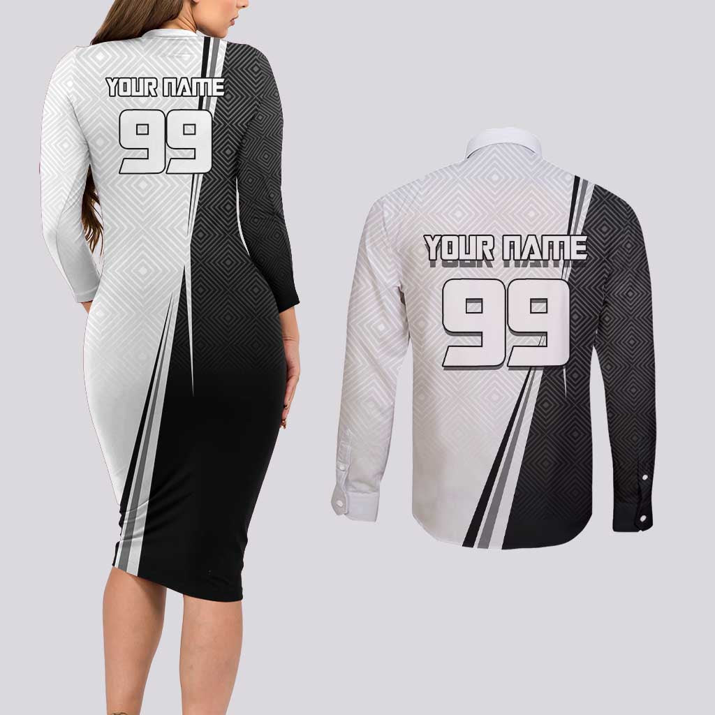 Personalized Okkotsu Yuta Jujutsu Kaisen Soccer Couples Matching Long Sleeve Bodycon Dress and Long Sleeve Button Shirt with Dribbling Action Pose and Monochrome Geometric Graphic Design - The Mazicc