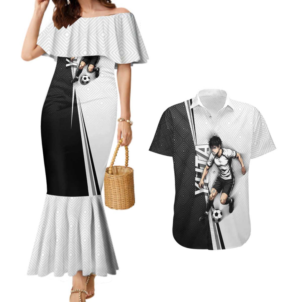 Personalized Okkotsu Yuta Jujutsu Kaisen Soccer Couples Matching Mermaid Dress and Hawaiian Shirt with Dribbling Action Pose and Monochrome Geometric Graphic Design - The Mazicc