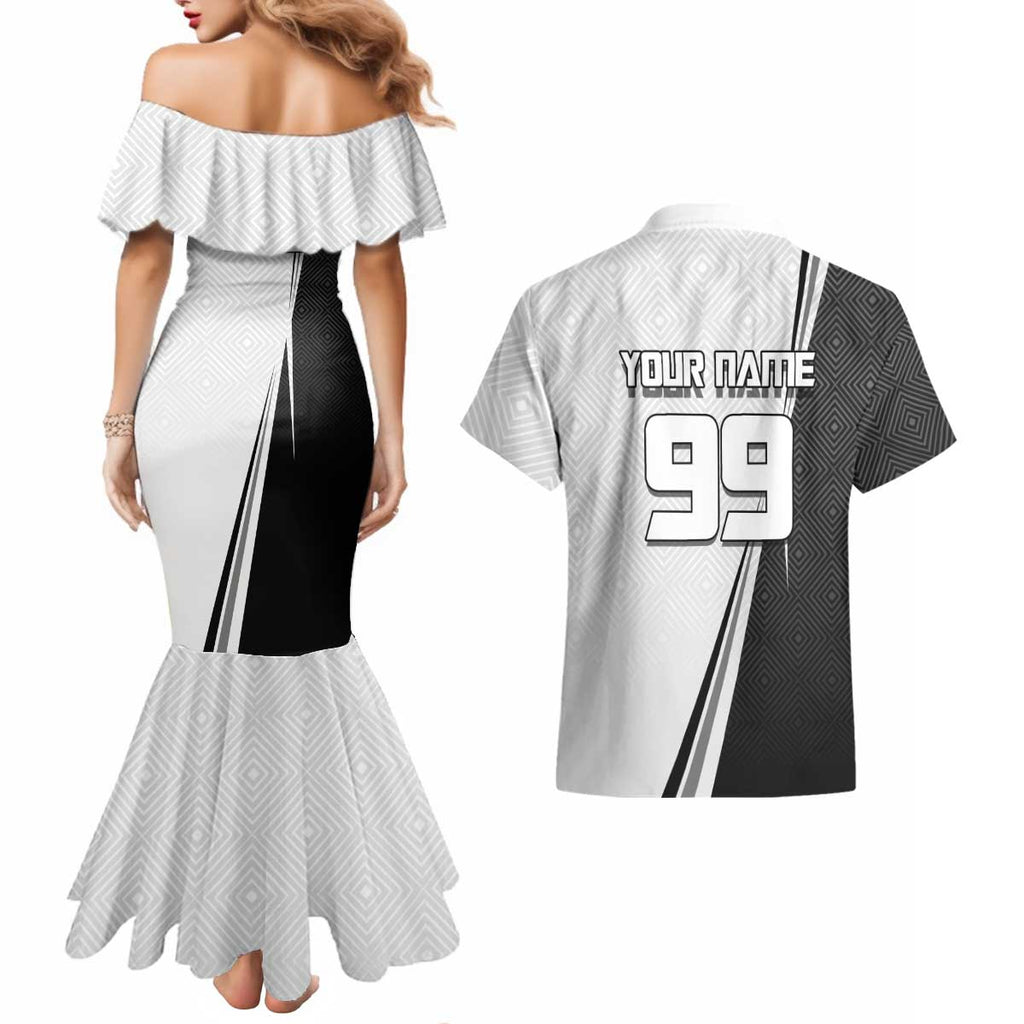 Personalized Okkotsu Yuta Jujutsu Kaisen Soccer Couples Matching Mermaid Dress and Hawaiian Shirt with Dribbling Action Pose and Monochrome Geometric Graphic Design - The Mazicc